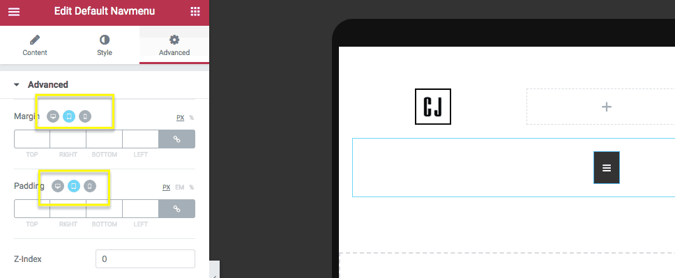 Elementor responsive padding options