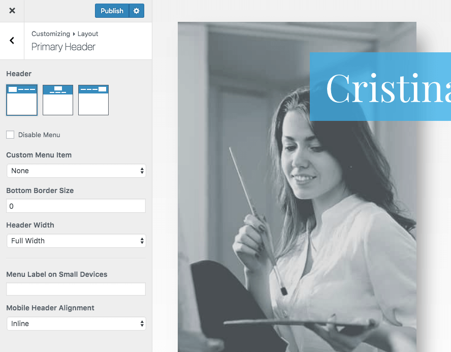 Header customizer settings