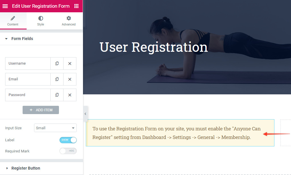 Elementor registration form notice
