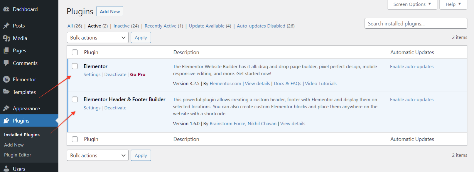Activate Elementor and Elementor Header & Footer Builder plugins