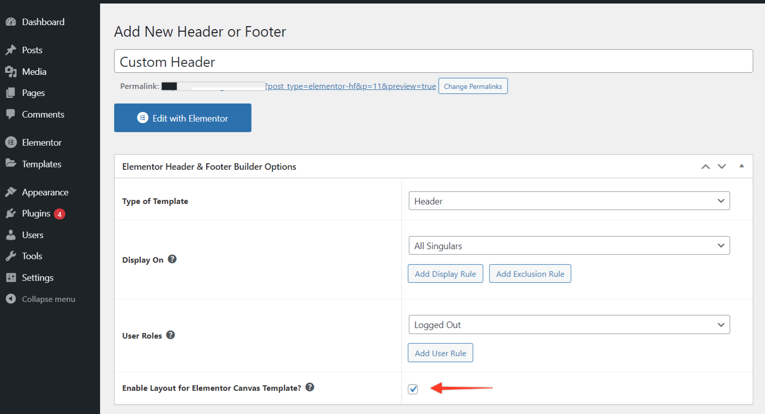 Elementor Header & Footer Builder canvas layout